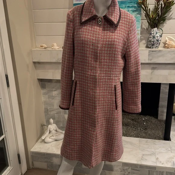 Coach Leatherware Pink Houndstooth Wool & Leather Trim Coat Size Large - Picture 3 of 15